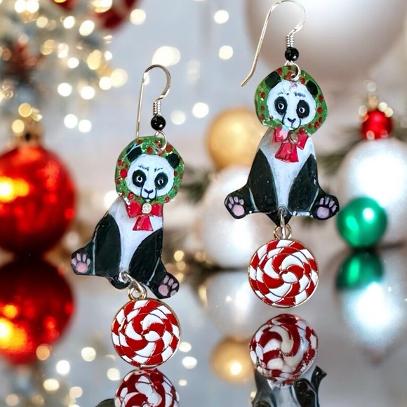 Handpainted Panda Bear earrings Xmas Christmas dangle OOAK lightweight Sterling - Picture 4 of 6